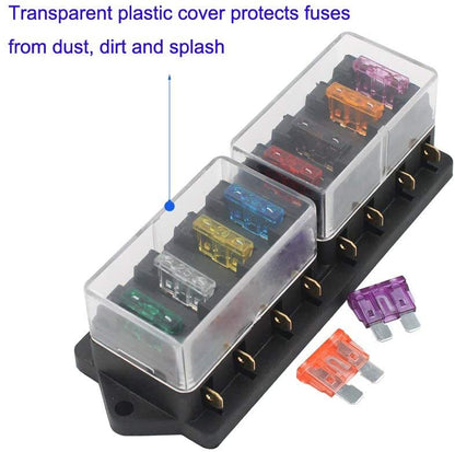 Set panou sigurante auto cu 8 iesiri, 12-32V, de la 1 la 40A, cu 10 sigurante intre 3 si 40A, cu 16 conectori auto si capac de protectie, pentru masina, barca, rulota, autoutilitara
