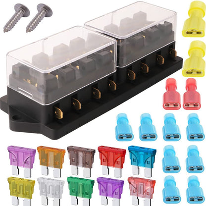 Set panou sigurante auto cu 8 iesiri, 12-32V, de la 1 la 40A, cu 10 sigurante intre 3 si 40A, cu 16 conectori auto si capac de protectie, pentru masina, barca, rulota, autoutilitara