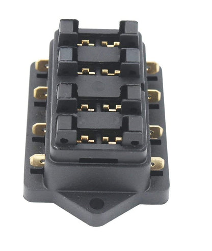 Set panou de sigurante auto cu 4 iesiri, 12-32V, cu 10 sigurante de la 3A la 40A, 8 conectori auto tip papuc si capac de protectie, pentru masina, barca, autoutilitara, caravana