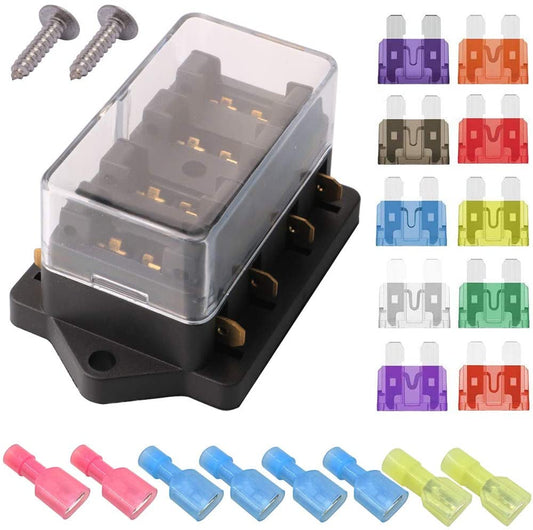 Set panou de sigurante auto cu 4 iesiri, 12-32V, cu 10 sigurante de la 3A la 40A, 8 conectori auto tip papuc si capac de protectie, pentru masina, barca, autoutilitara, caravana