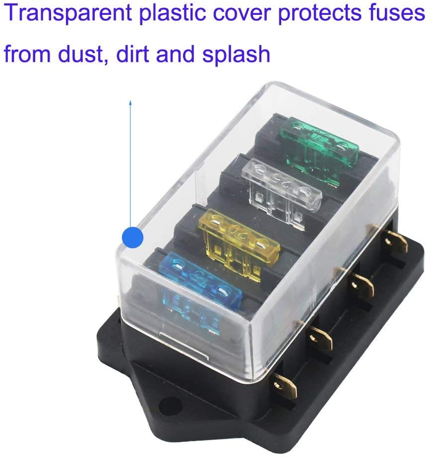 Set panou de sigurante auto cu 4 iesiri, 12-32V, cu 10 sigurante de la 3A la 40A, 8 conectori auto tip papuc si capac de protectie, pentru masina, barca, autoutilitara, caravana