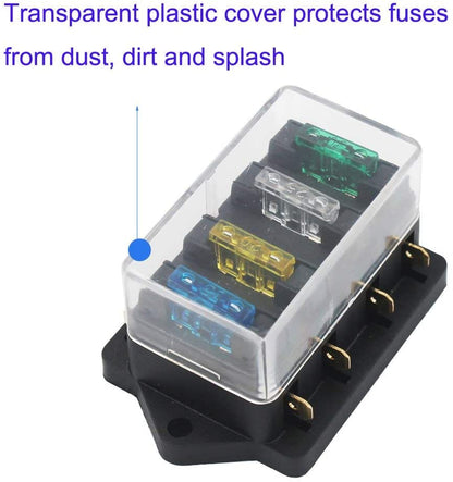 Set panou de sigurante auto cu 4 iesiri, 12-32V, cu 10 sigurante de la 3A la 40A, 8 conectori auto tip papuc si capac de protectie, pentru masina, barca, autoutilitara, caravana