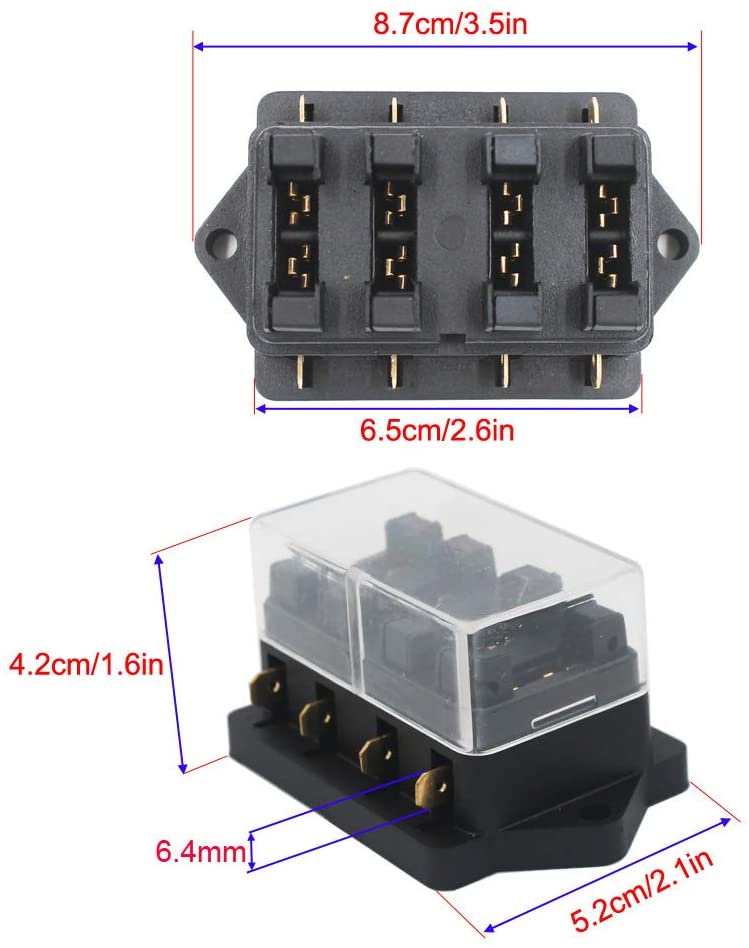 Set panou de sigurante auto cu 4 iesiri, 12-32V, cu 10 sigurante de la 3A la 40A, 8 conectori auto tip papuc si capac de protectie, pentru masina, barca, autoutilitara, caravana