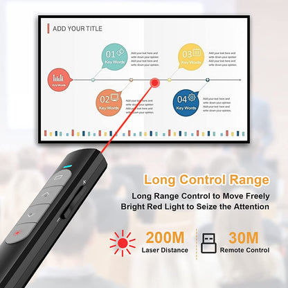 Laser de prezentare wireless, indicator cu USB 2,4 GHz, pointer cu butoane de control pagina si volum, 200 m, pentru prezentare, predare, birou, conferinta