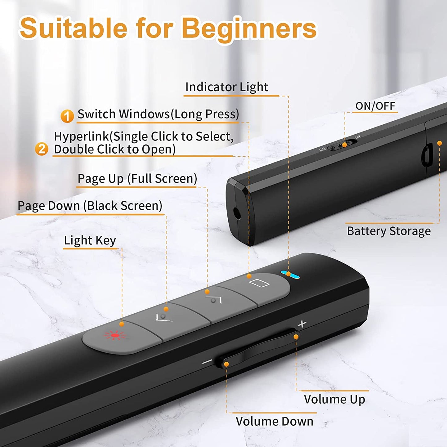 Laser de prezentare wireless, indicator cu USB 2,4 GHz, pointer cu butoane de control pagina si volum, 200 m, pentru prezentare, predare, birou, conferinta