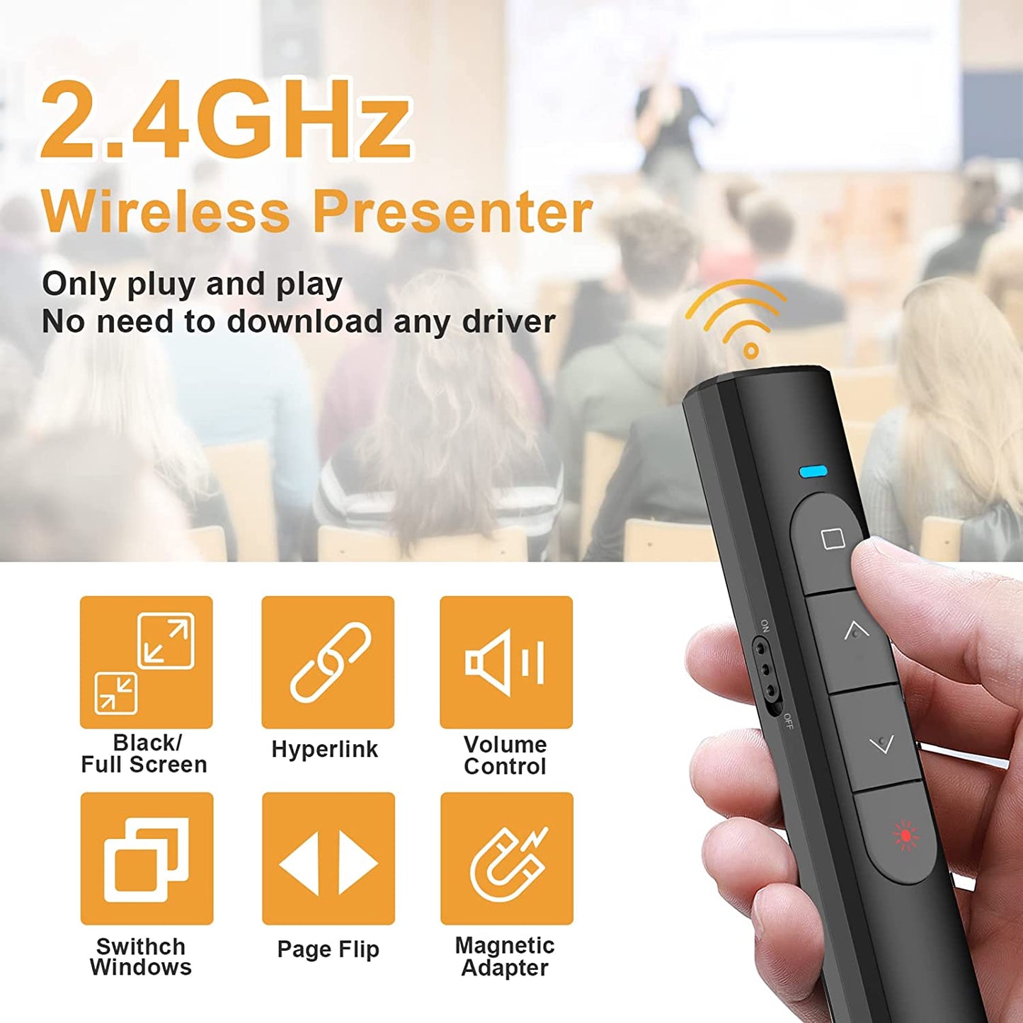 Laser de prezentare wireless, indicator cu USB 2,4 GHz, pointer cu butoane de control pagina si volum, 200 m, pentru prezentare, predare, birou, conferinta