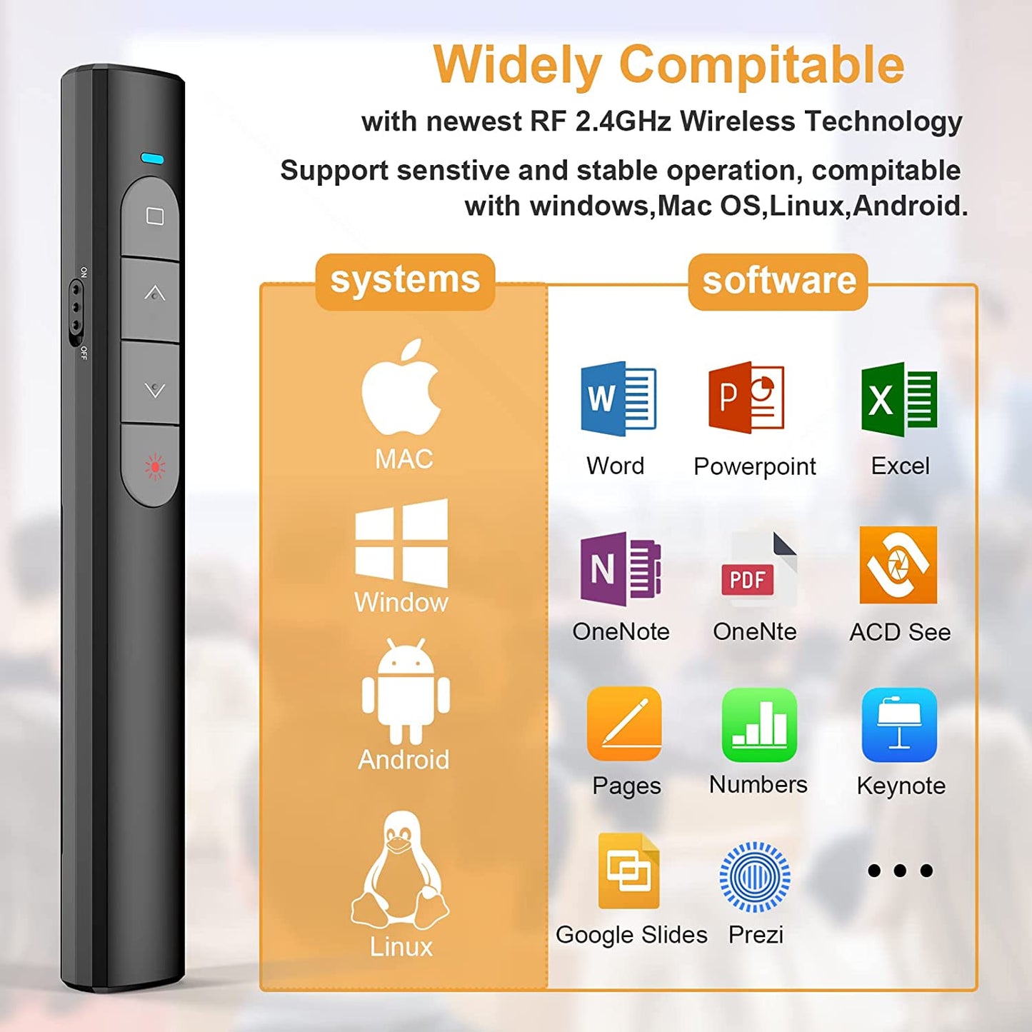 Laser de prezentare wireless, indicator cu USB 2,4 GHz, pointer cu butoane de control pagina si volum, 200 m, pentru prezentare, predare, birou, conferinta