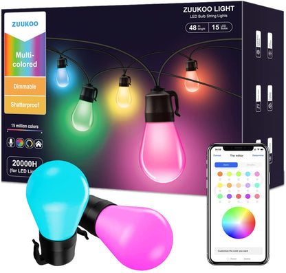 Ghirlanda LED smart de 14m cu 15 becuri LED RGB cu control individual prin aplicatie, impermeabil IP67, 8 moduri iluminare, 16 milioane de culori, dimabile, pentru casa, gradina, curte, foisor