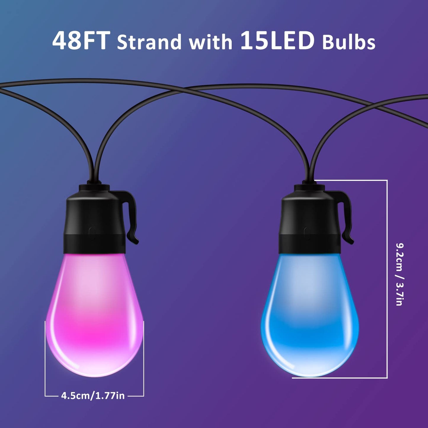 Ghirlanda LED smart de 14m cu 15 becuri LED RGB cu control individual prin aplicatie, impermeabil IP67, 8 moduri iluminare, 16 milioane de culori, dimabile, pentru casa, gradina, curte, foisor