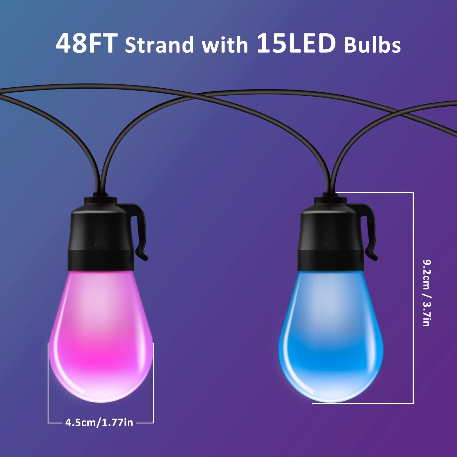 Ghirlanda LED smart de 14m cu 15 becuri LED RGB cu control individual prin aplicatie, impermeabil IP67, 8 moduri iluminare, 16 milioane de culori, dimabile, pentru casa, gradina, curte, foisor