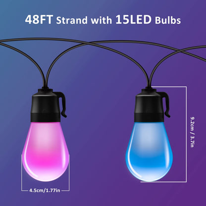 Ghirlanda LED smart de 14m cu 15 becuri LED RGB cu control individual prin aplicatie, impermeabil IP67, 8 moduri iluminare, 16 milioane de culori, dimabile, pentru casa, gradina, curte, foisor