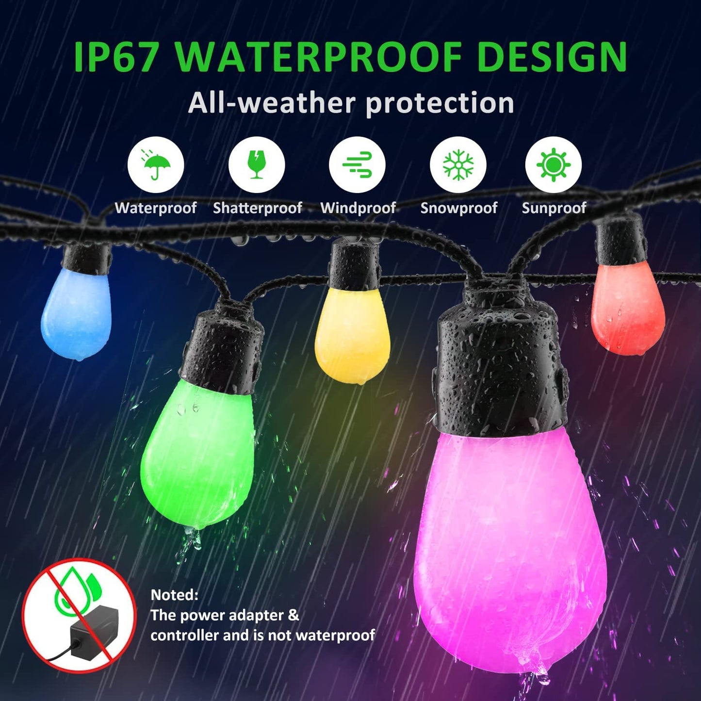 Ghirlanda LED smart de 14m cu 15 becuri LED RGB cu control individual prin aplicatie, impermeabil IP67, 8 moduri iluminare, 16 milioane de culori, dimabile, pentru casa, gradina, curte, foisor