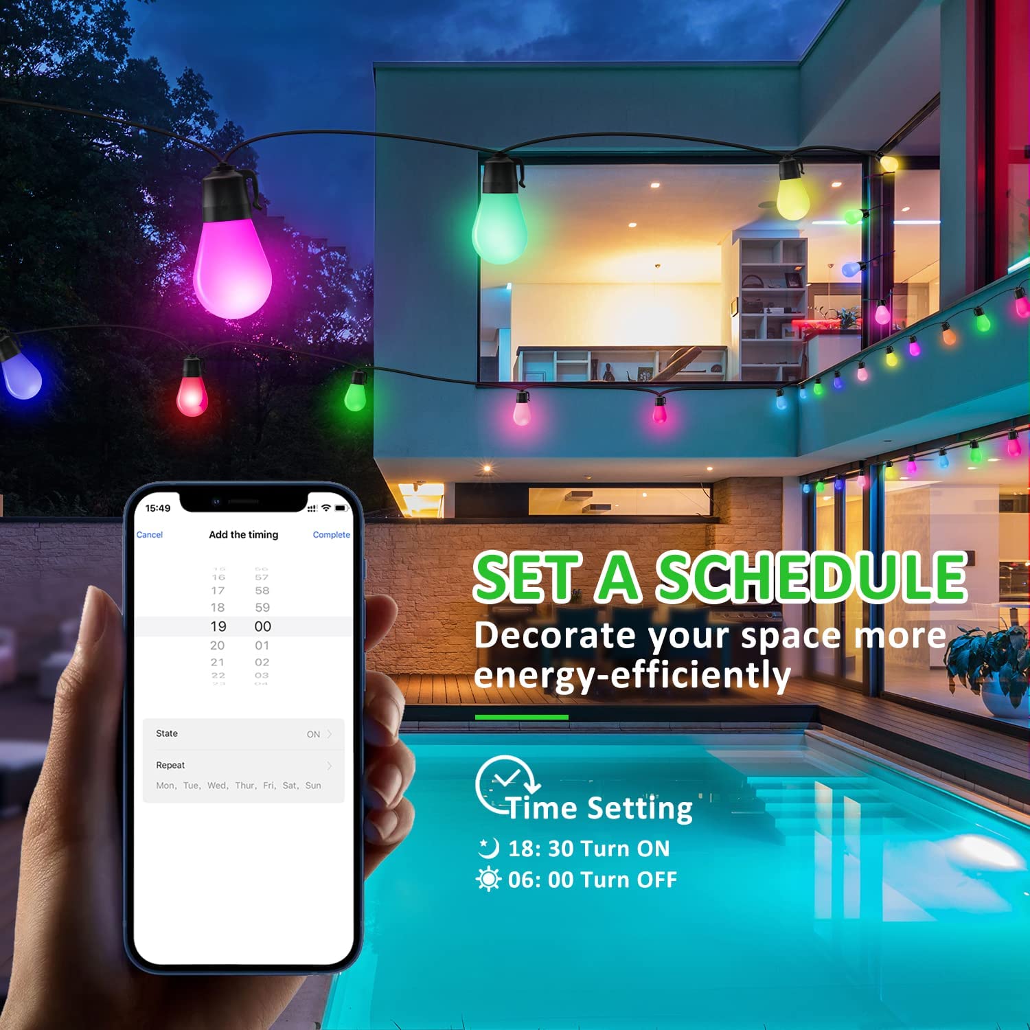 Ghirlanda LED smart de 14m cu 15 becuri LED RGB cu control individual prin aplicatie, impermeabil IP67, 8 moduri iluminare, 16 milioane de culori, dimabile, pentru casa, gradina, curte, foisor