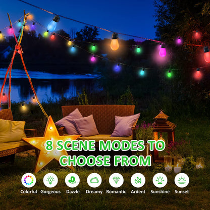 Ghirlanda LED smart de 14m cu 15 becuri LED RGB cu control individual prin aplicatie, impermeabil IP67, 8 moduri iluminare, 16 milioane de culori, dimabile, pentru casa, gradina, curte, foisor