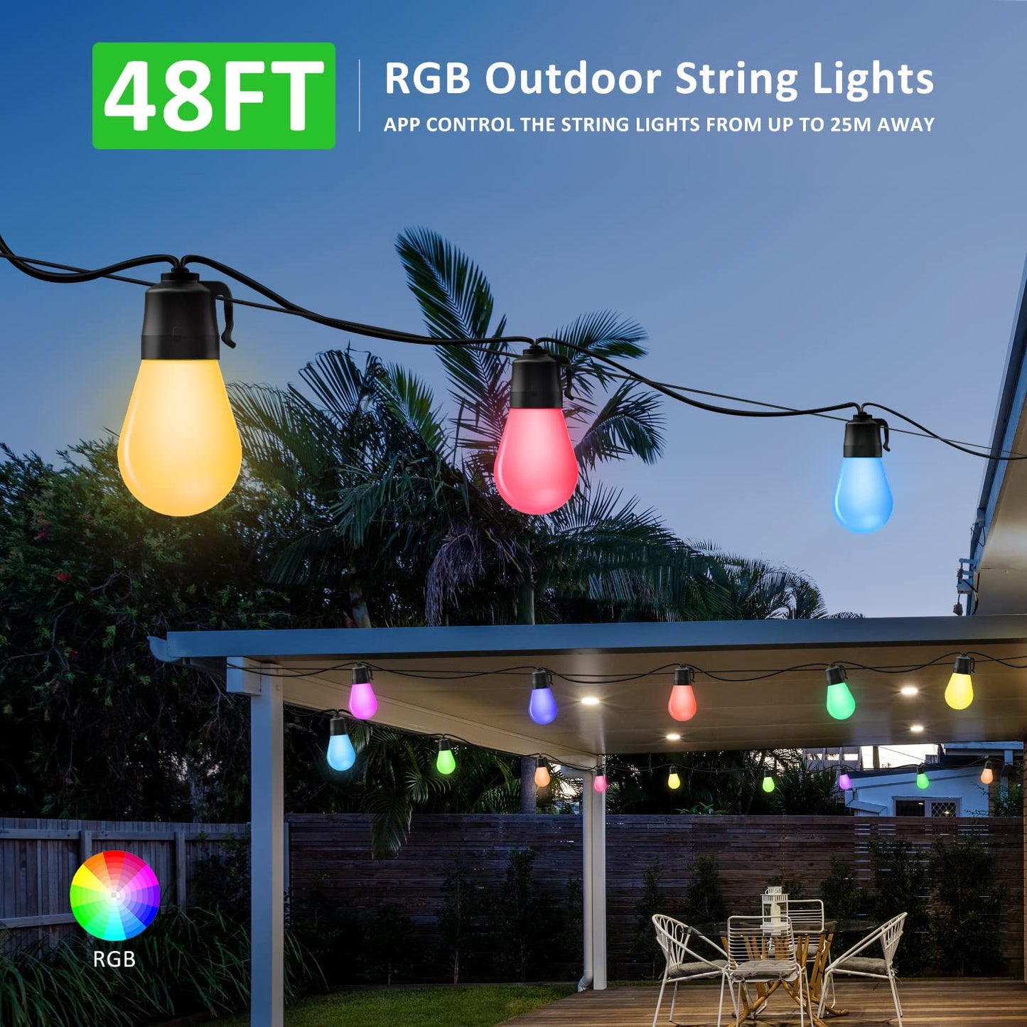 Ghirlanda LED smart de 14m cu 15 becuri LED RGB cu control individual prin aplicatie, impermeabil IP67, 8 moduri iluminare, 16 milioane de culori, dimabile, pentru casa, gradina, curte, foisor