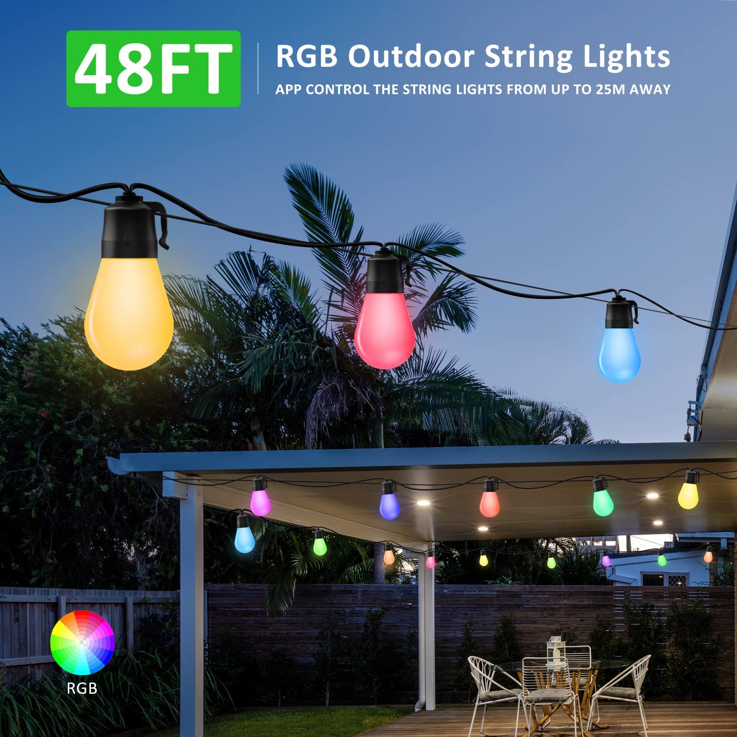 Ghirlanda LED smart de 14m cu 15 becuri LED RGB cu control individual prin aplicatie, impermeabil IP67, 8 moduri iluminare, 16 milioane de culori, dimabile, pentru casa, gradina, curte, foisor