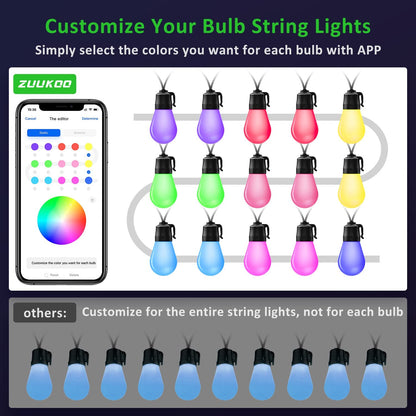 Ghirlanda LED smart de 14m cu 15 becuri LED RGB cu control individual prin aplicatie, impermeabil IP67, 8 moduri iluminare, 16 milioane de culori, dimabile, pentru casa, gradina, curte, foisor