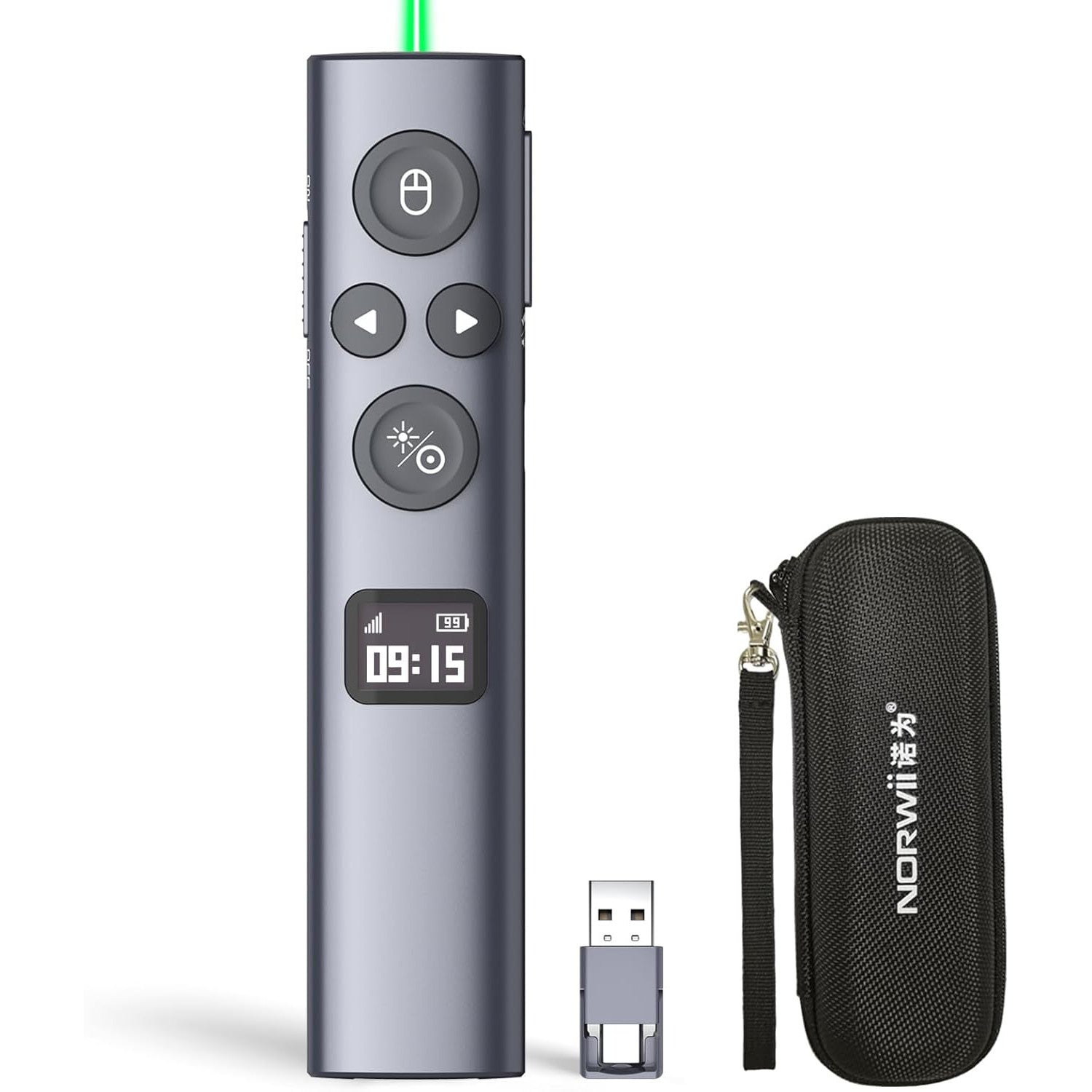 Laser profesional wireless pentru prezentari Norwii N95s BLE, telecomanda cu pointer digital si indicator laser integrat, evidentiere si amplificare pe ecrane LED/LCD si videoproiector, Air Mouse, Timer cu vibratii, Ecran OLED, Bluetooth + USB-A/USB-C