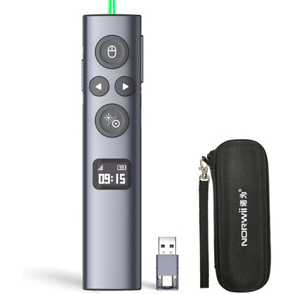Laser profesional wireless pentru prezentari Norwii N95s BLE, telecomanda cu pointer digital si indicator laser integrat, evidentiere si amplificare pe ecrane LED/LCD si videoproiector, Air Mouse, Timer cu vibratii, Ecran OLED, Bluetooth + USB-A/USB-C