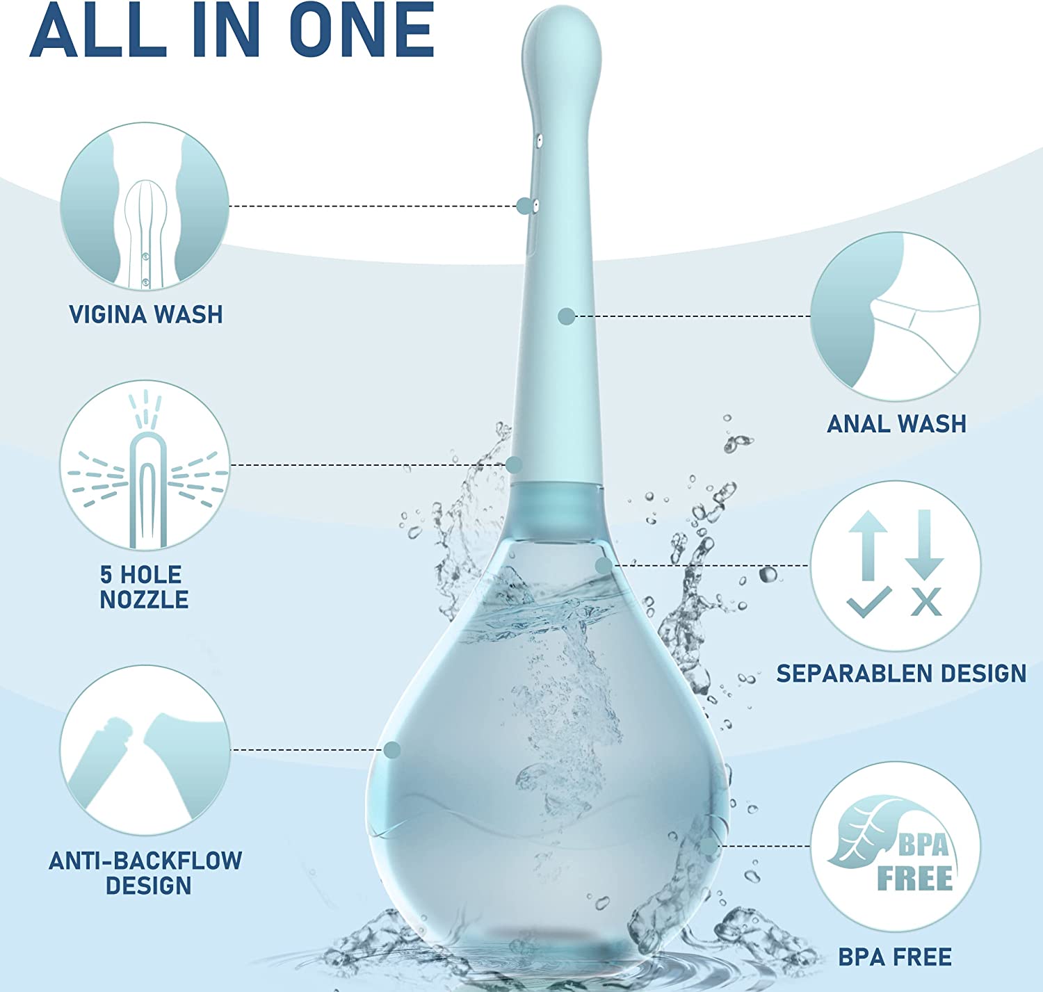 Irigator intim pentru pentru dus anal si vaginal, 150 ml, sistem anti-reflux, cap cu 5 duze, design ergonomic, pentru igiena intima