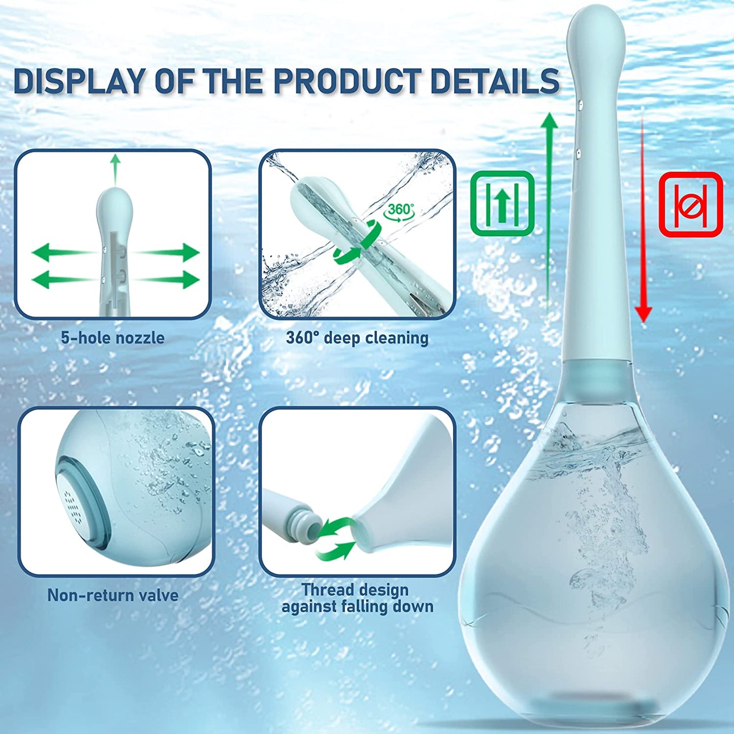 Irigator intim pentru pentru dus anal si vaginal, 150 ml, sistem anti-reflux, cap cu 5 duze, design ergonomic, pentru igiena intima