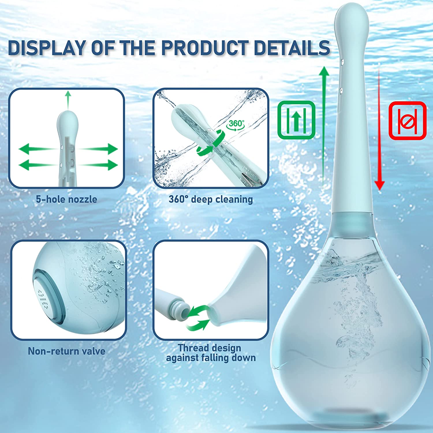 Irigator intim pentru pentru dus anal si vaginal, 150 ml, sistem anti-reflux, cap cu 5 duze, design ergonomic, pentru igiena intima
