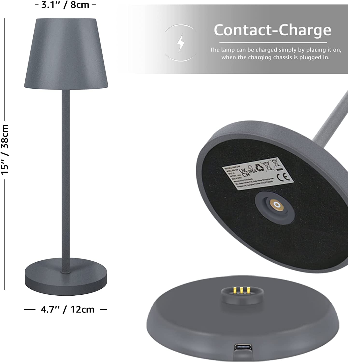 Lampa de masa LED, temperatura reglabila 2700-6000 K, cu buton cu touch, incarcare wireless, dimabila, impermeabila IP54, pentru restaurant, casa, gradina, bar