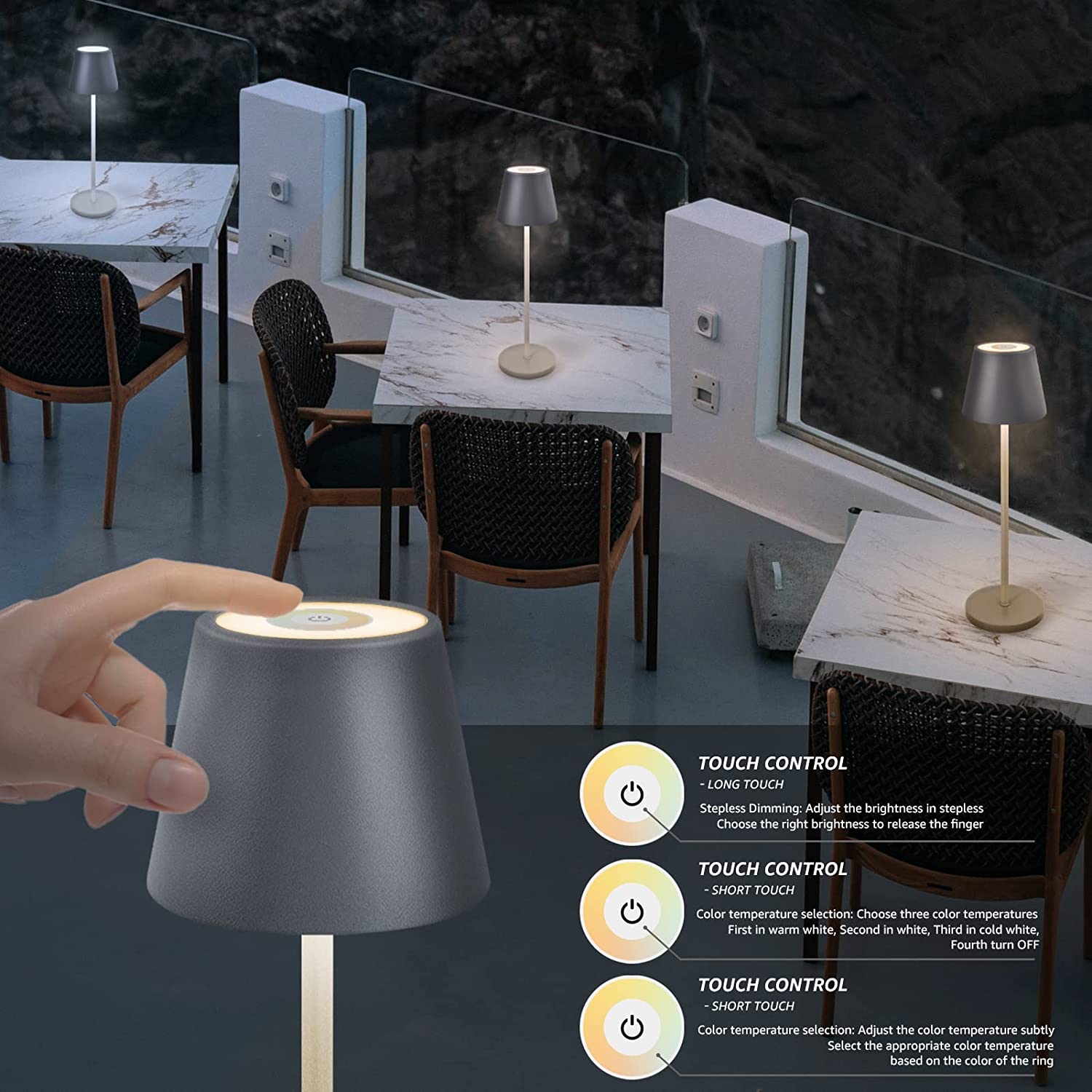 Lampa de masa LED, temperatura reglabila 2700-6000 K, cu buton cu touch, incarcare wireless, dimabila, impermeabila IP54, pentru restaurant, casa, gradina, bar