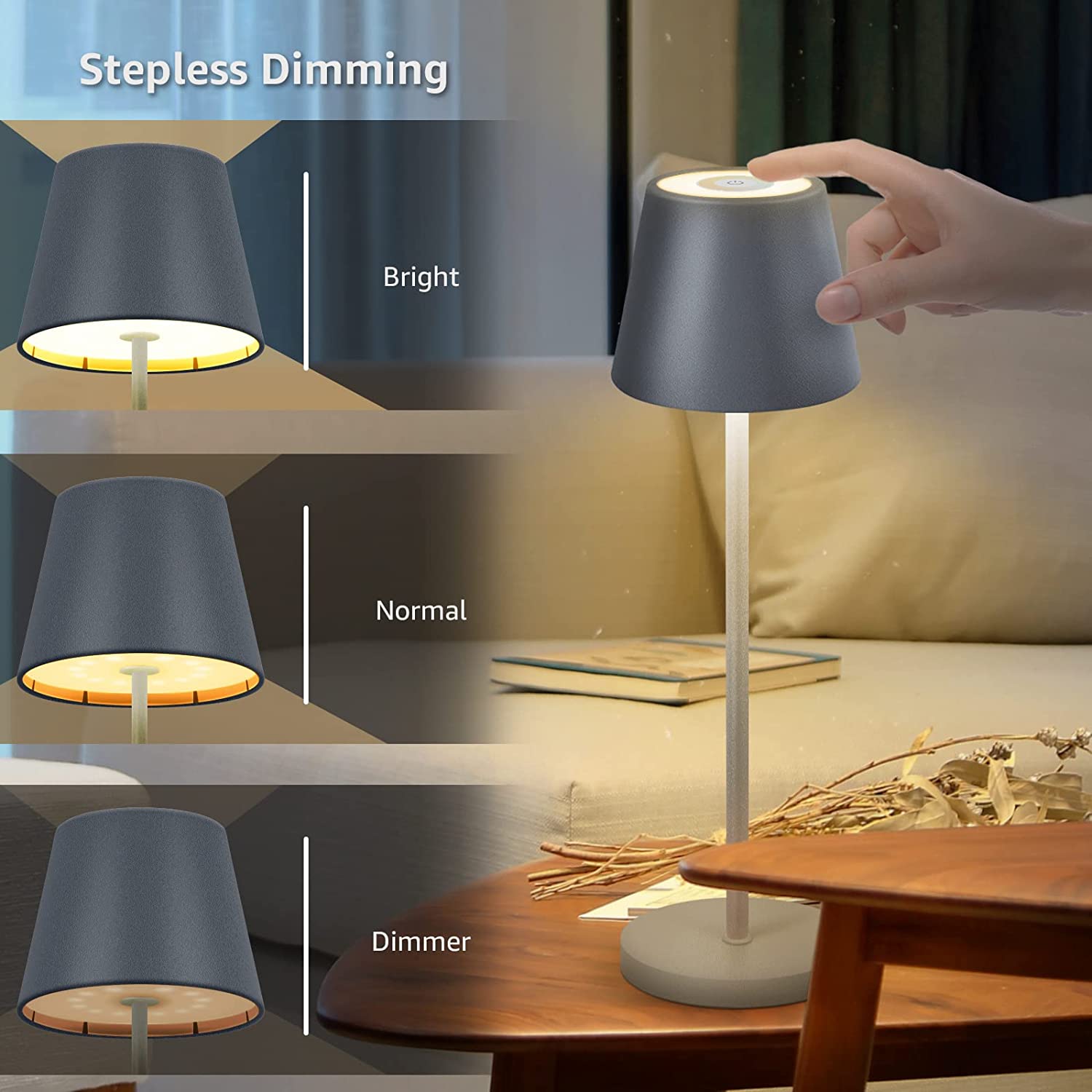 Lampa de masa LED, temperatura reglabila 2700-6000 K, cu buton cu touch, incarcare wireless, dimabila, impermeabila IP54, pentru restaurant, casa, gradina, bar