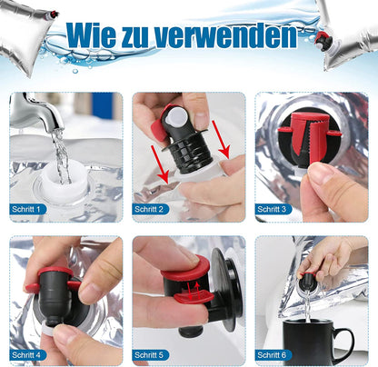 Set 5 pungi de apa bag in box, 3 de 10 litri si 2 de 20 itri, din film compozit rezistent la lumina, cu robinet detasabil, pentru drumetii, camping, urgente