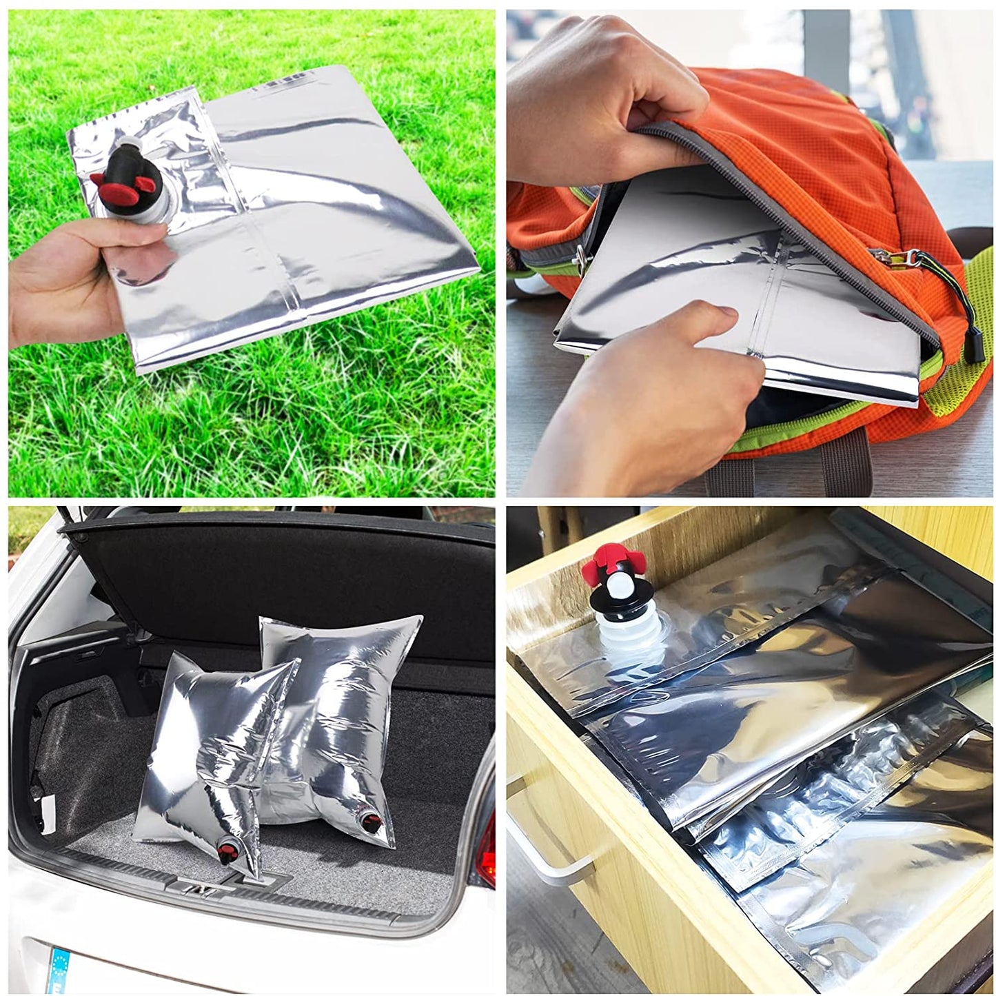 Set 5 pungi de apa bag in box, 3 de 10 litri si 2 de 20 itri, din film compozit rezistent la lumina, cu robinet detasabil, pentru drumetii, camping, urgente