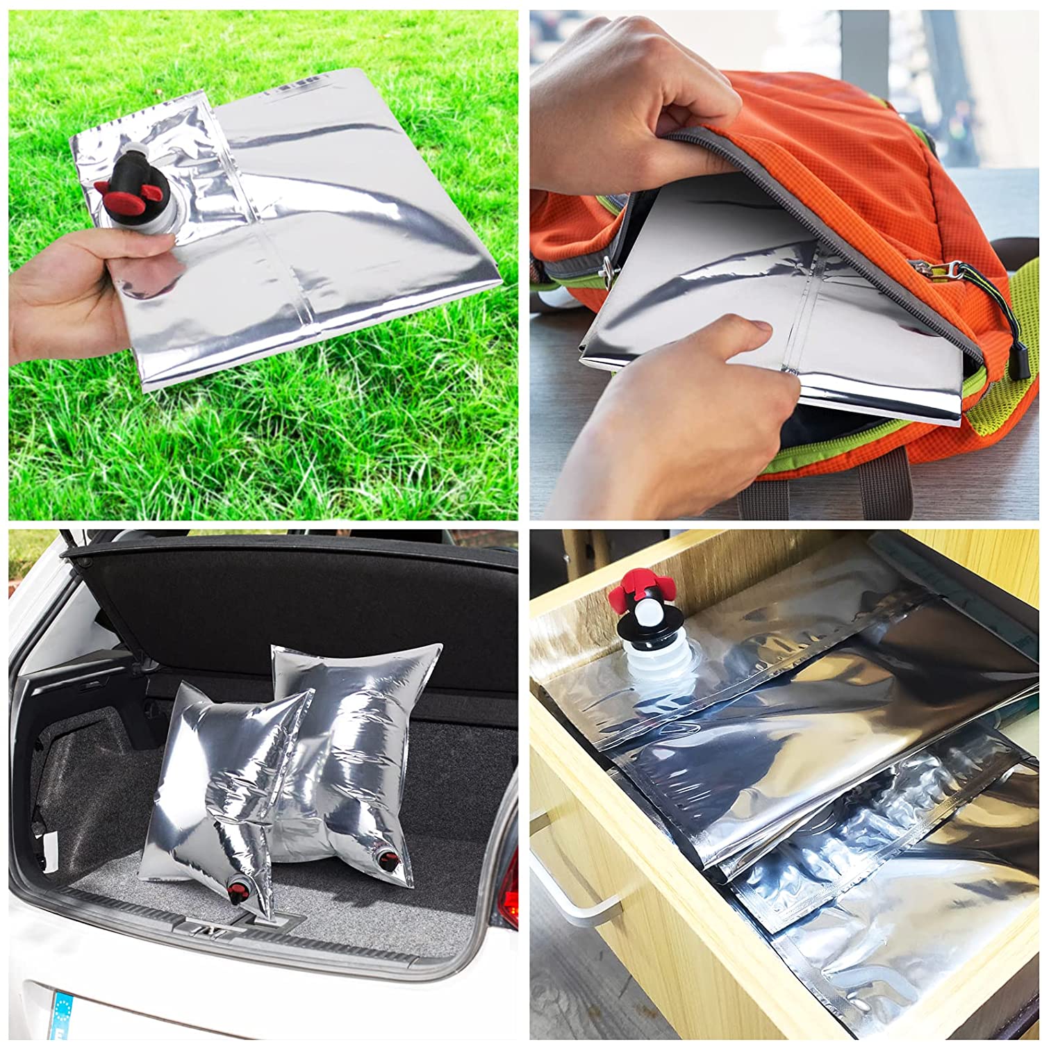 Set 5 pungi de apa bag in box, 3 de 10 litri si 2 de 20 itri, din film compozit rezistent la lumina, cu robinet detasabil, pentru drumetii, camping, urgente
