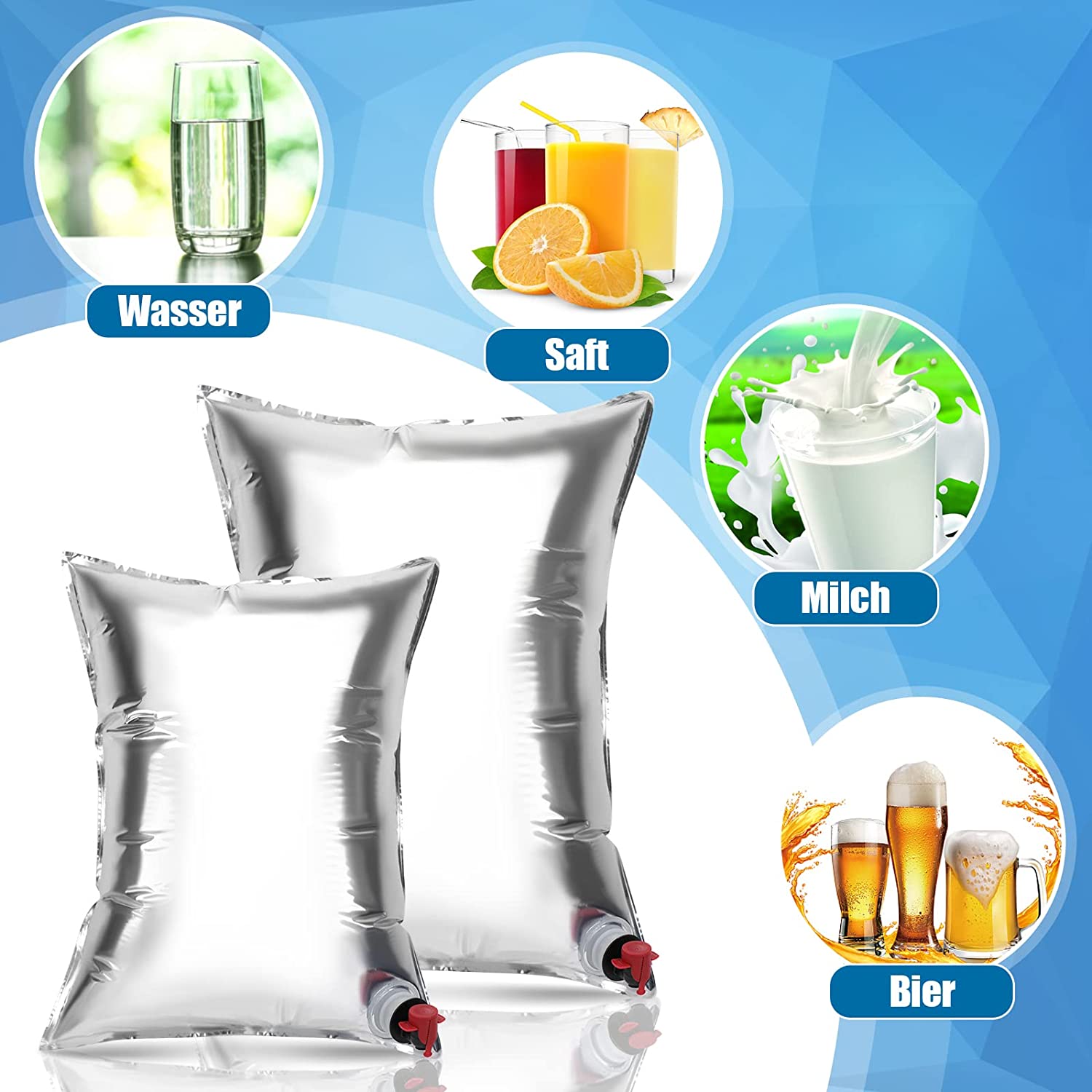 Set 5 pungi de apa bag in box, 3 de 10 litri si 2 de 20 itri, din film compozit rezistent la lumina, cu robinet detasabil, pentru drumetii, camping, urgente