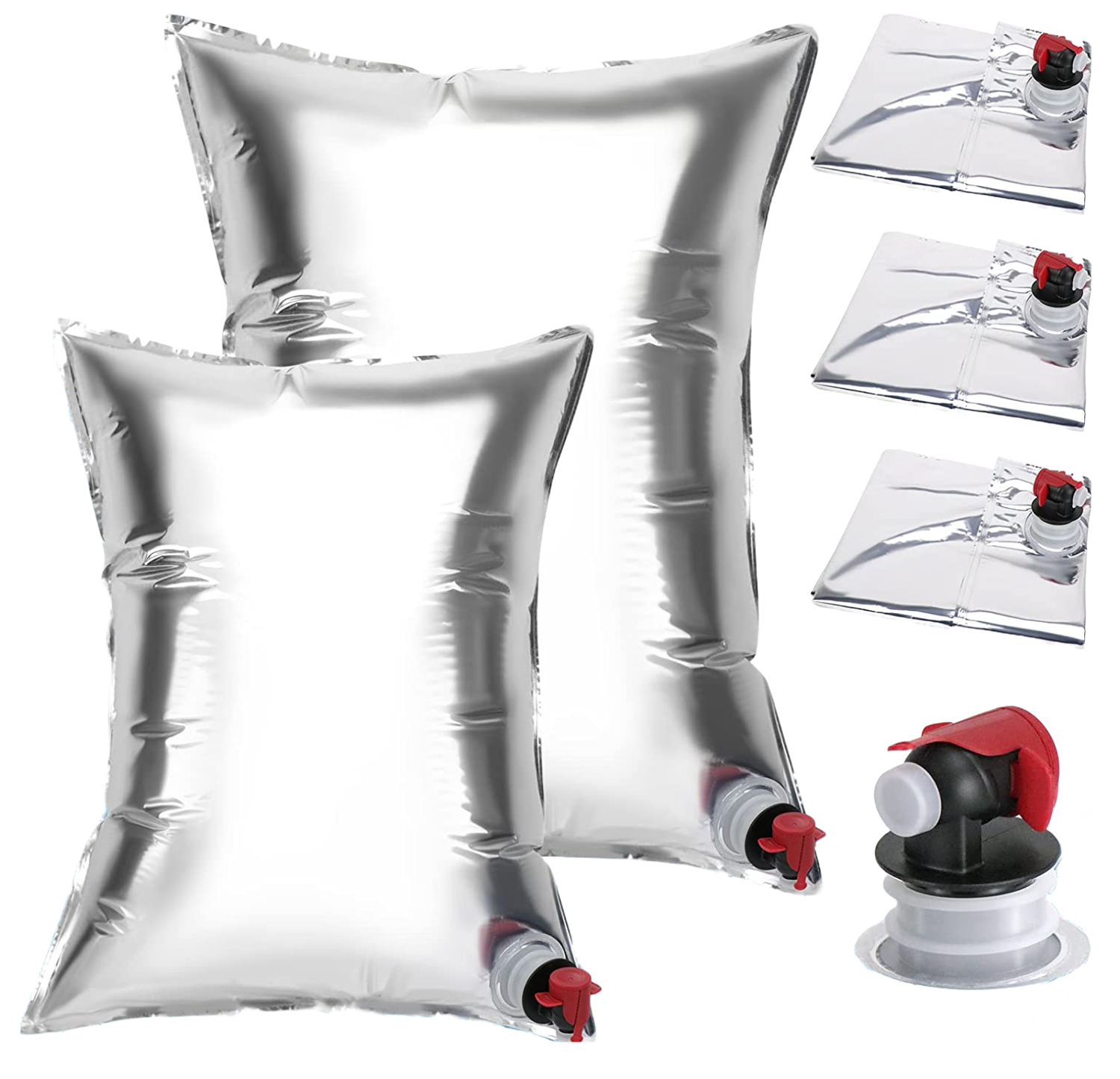 Set 5 pungi de apa bag in box, 3 de 10 litri si 2 de 20 itri, din film compozit rezistent la lumina, cu robinet detasabil, pentru drumetii, camping, urgente