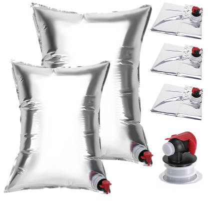 Set 5 pungi de apa bag in box, 3 de 10 litri si 2 de 20 itri, din film compozit rezistent la lumina, cu robinet detasabil, pentru drumetii, camping, urgente