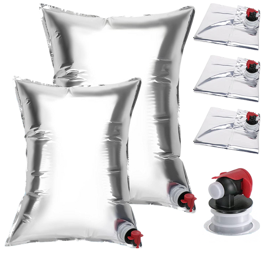 Set 5 pungi de apa bag in box, 3 de 10 litri si 2 de 20 itri, din film compozit rezistent la lumina, cu robinet detasabil, pentru drumetii, camping, urgente