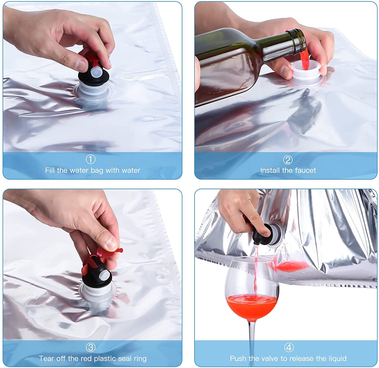 Set pungi bag in box 200 L, 10 x 20 L, din material compozit rezistent la lumina, cu robinet, reutilizabile, pentru apa, vin, suc, lapte, cafea