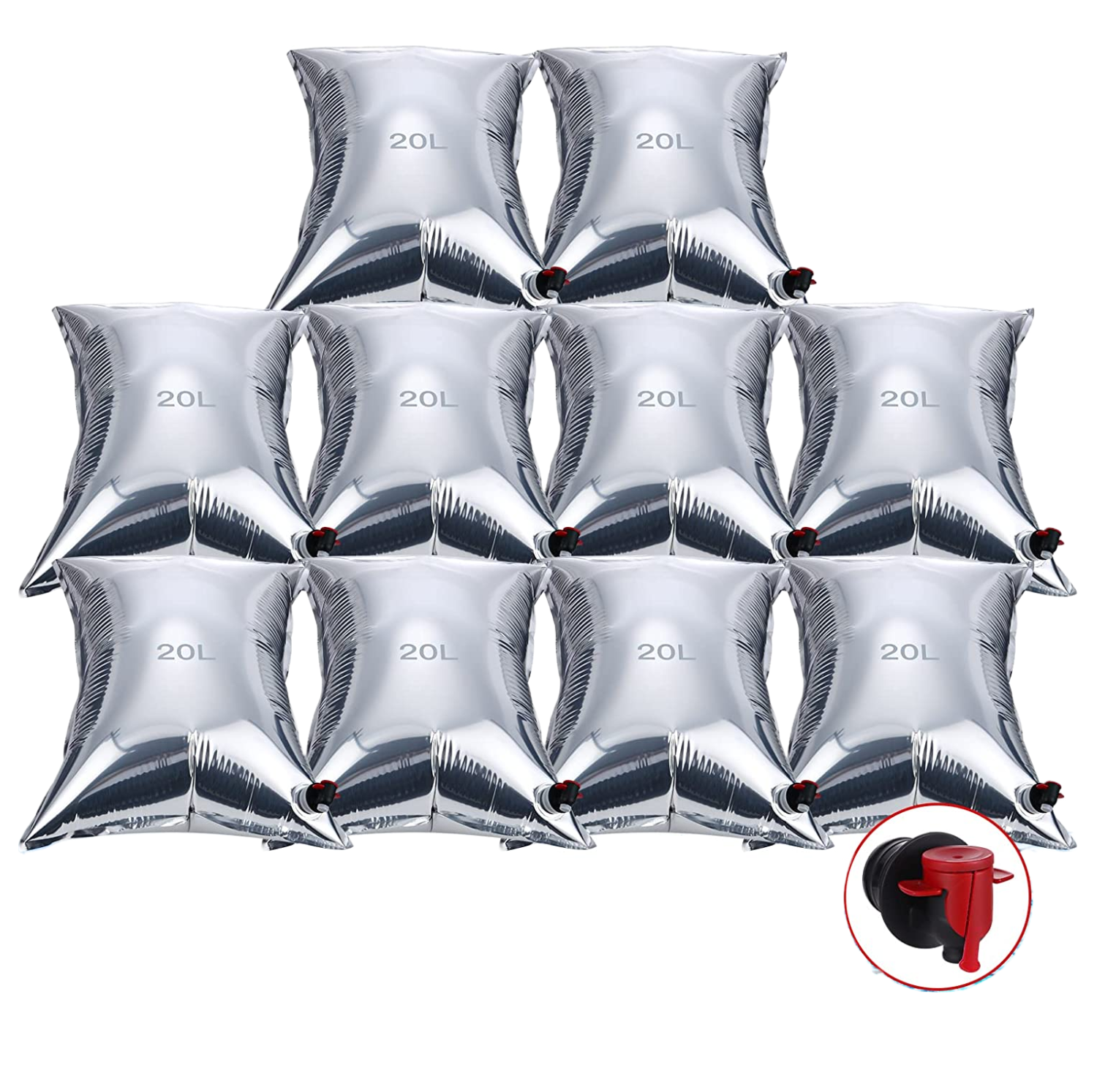 Set pungi bag in box 200 L, 10 x 20 L, din material compozit rezistent la lumina, cu robinet, reutilizabile, pentru apa, vin, suc, lapte, cafea