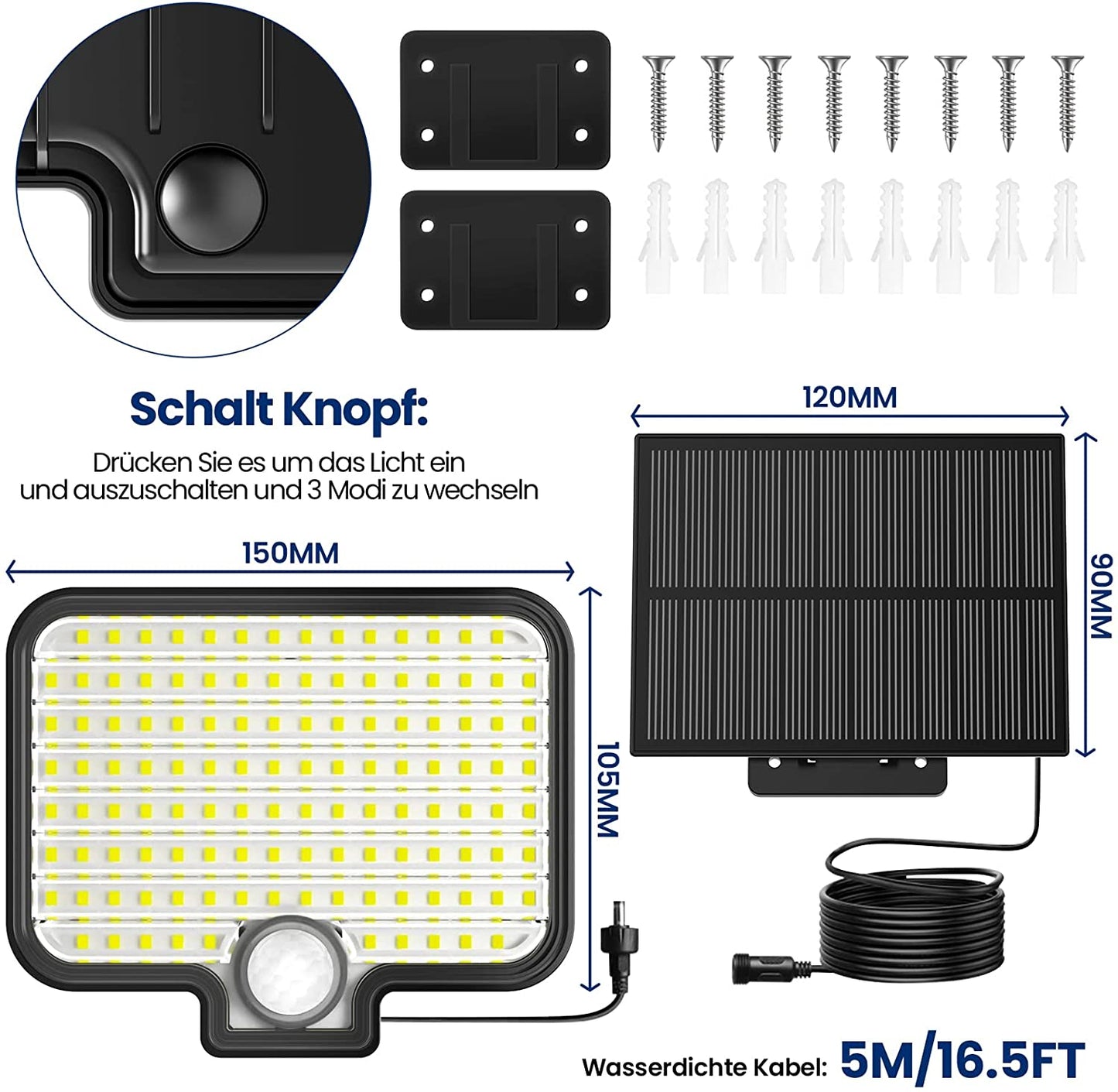 Lampa solara LED cu senzor de miscare si panou solar, 7500 K, impermeabila IP65, 3 moduri iluminare, pentru exterior, iluminare 120°, 120 LED-uri