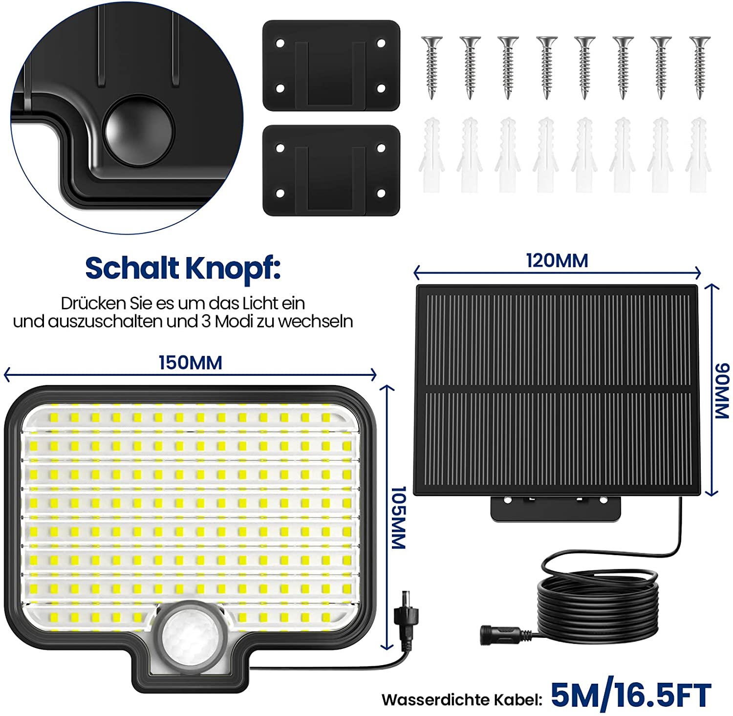 Lampa solara LED cu senzor de miscare si panou solar, 7500 K, impermeabila IP65, 3 moduri iluminare, pentru exterior, iluminare 120°, 120 LED-uri