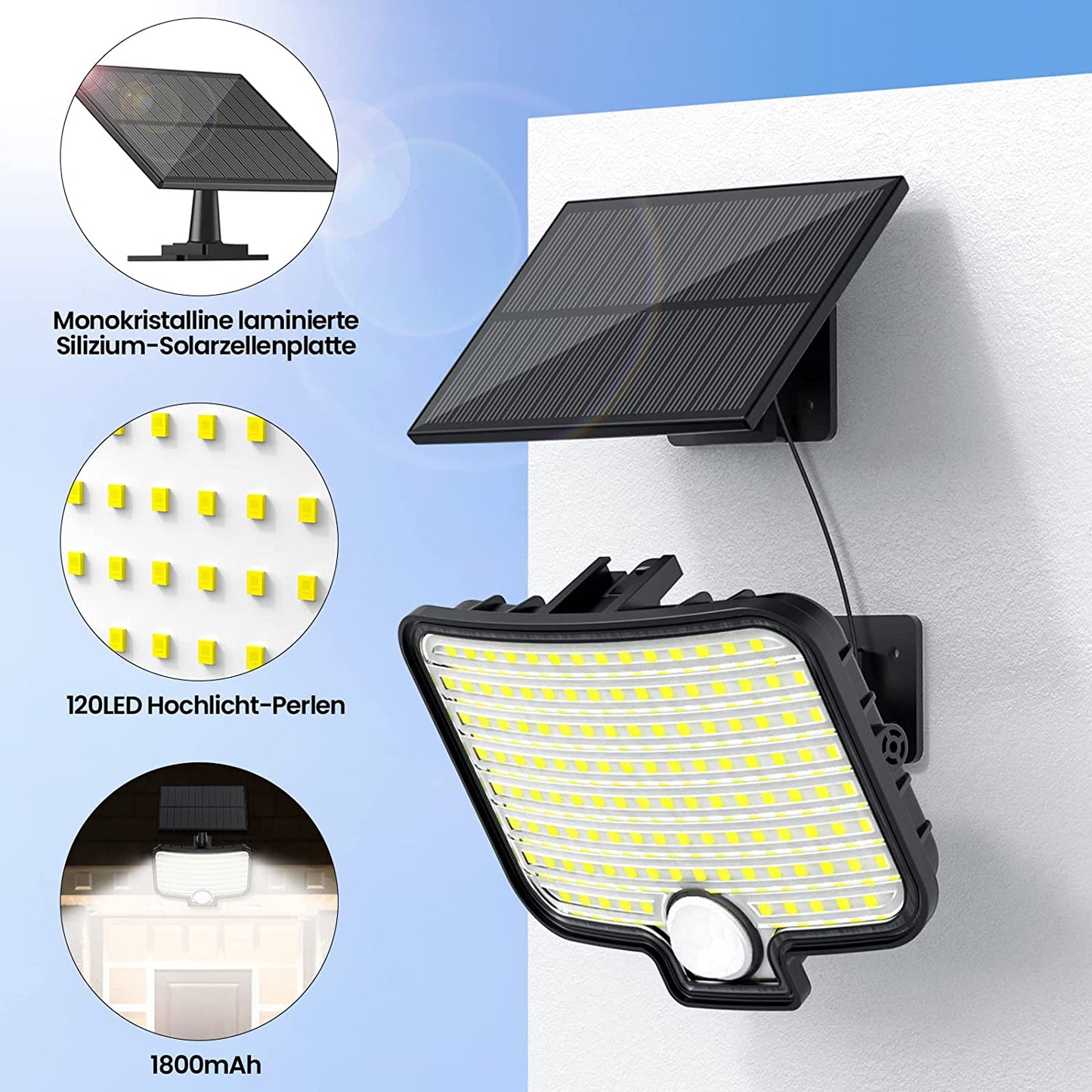 Lampa solara LED cu senzor de miscare si panou solar, 7500 K, impermeabila IP65, 3 moduri iluminare, pentru exterior, iluminare 120°, 120 LED-uri