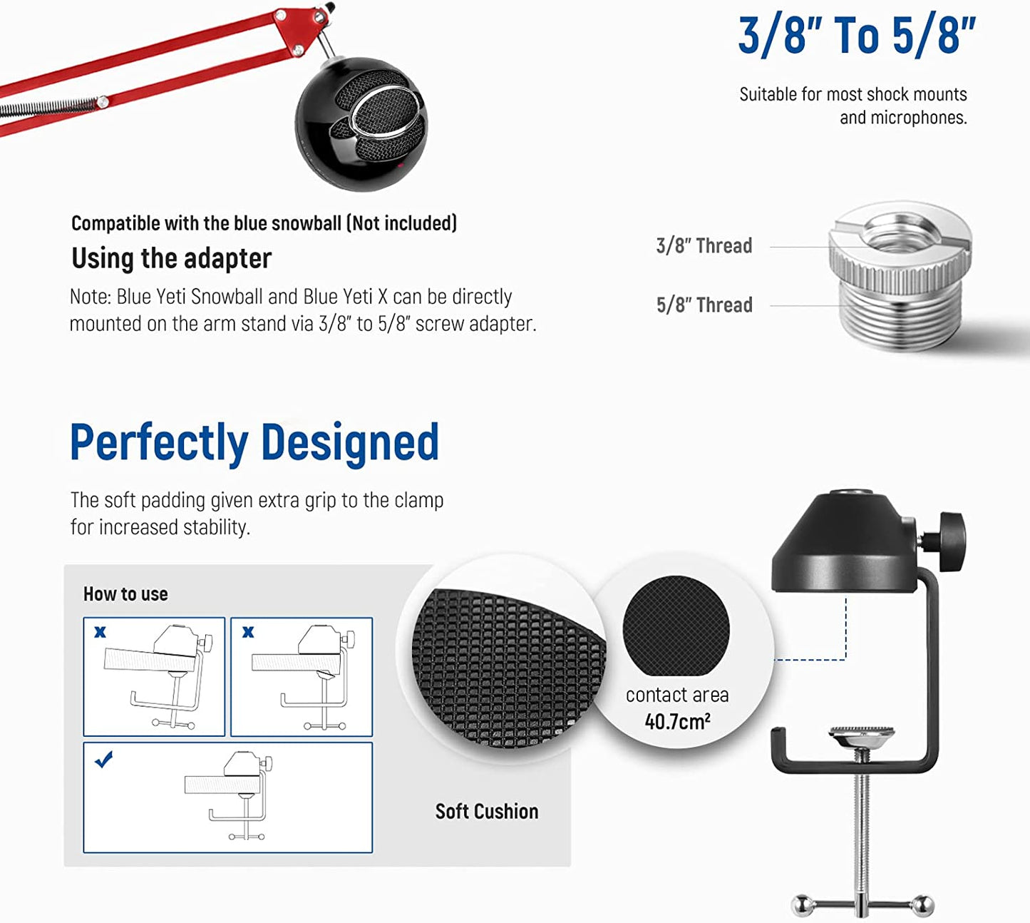 Brat de microfon cu mengina, suport cu surub adaptor de la 3/8 inch la 5/8 inch, sarcina maxima 1.5 kg, reglabil, rotire 360°, rosu