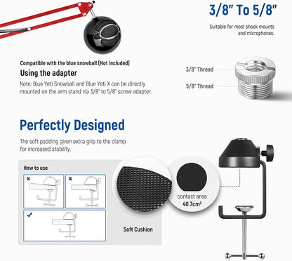 Brat de microfon cu mengina, suport cu surub adaptor de la 3/8 inch la 5/8 inch, sarcina maxima 1.5 kg, reglabil, rotire 360°, rosu