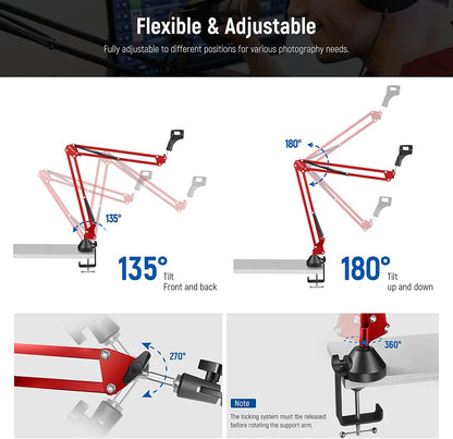 Brat de microfon cu mengina, suport cu surub adaptor de la 3/8 inch la 5/8 inch, sarcina maxima 1.5 kg, reglabil, rotire 360°, rosu