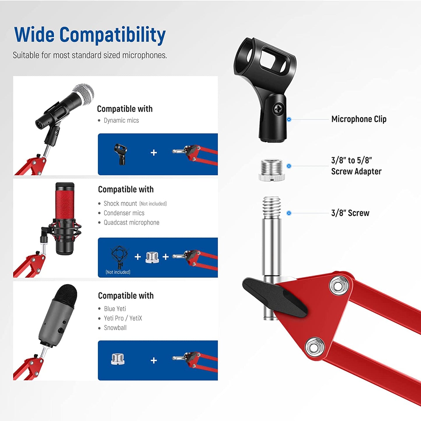 Brat de microfon cu mengina, suport cu surub adaptor de la 3/8 inch la 5/8 inch, sarcina maxima 1.5 kg, reglabil, rotire 360°, rosu