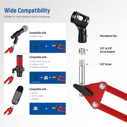 Brat de microfon cu mengina, suport cu surub adaptor de la 3/8 inch la 5/8 inch, sarcina maxima 1.5 kg, reglabil, rotire 360°, rosu