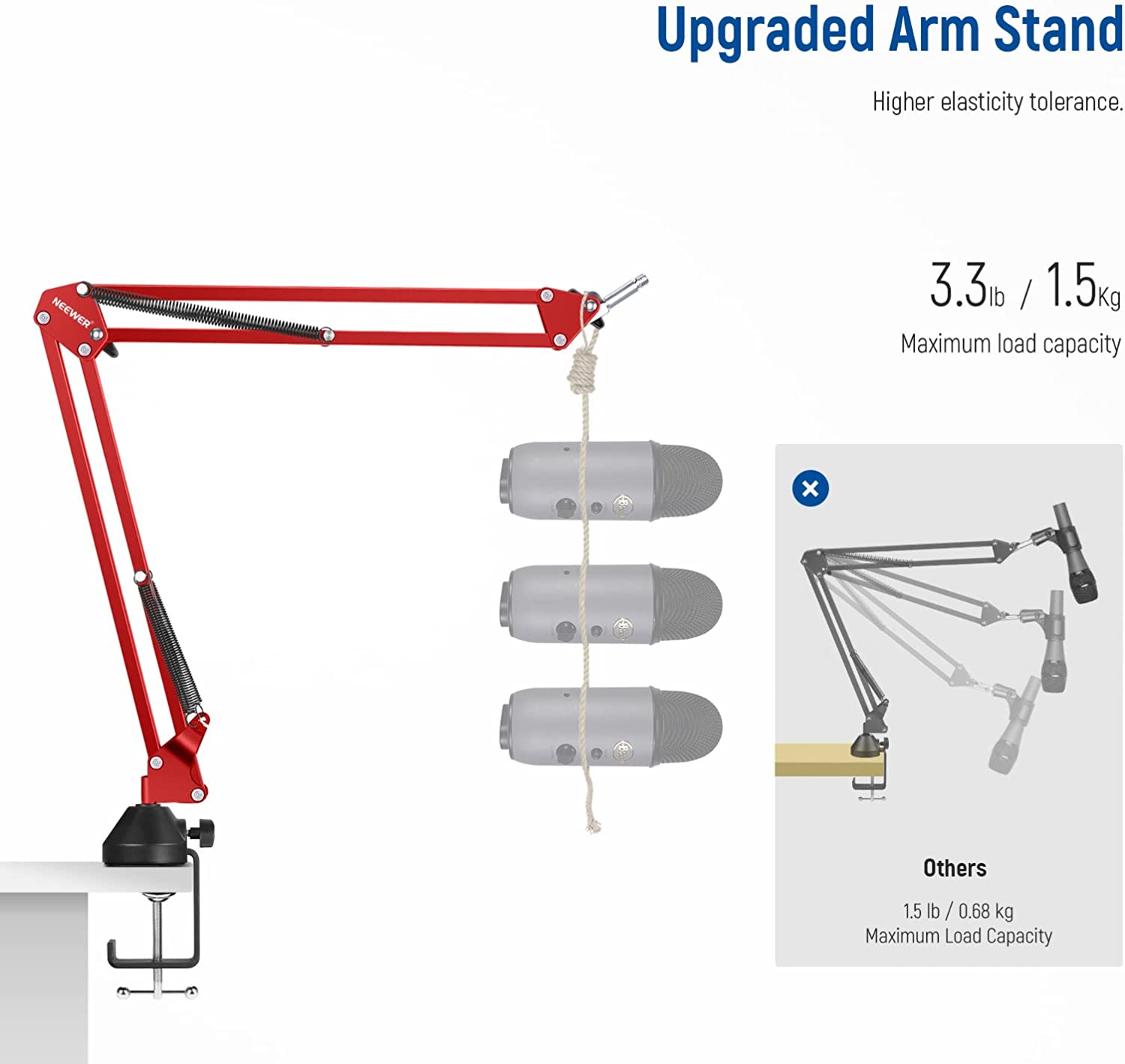 Brat de microfon cu mengina, suport cu surub adaptor de la 3/8 inch la 5/8 inch, sarcina maxima 1.5 kg, reglabil, rotire 360°, rosu
