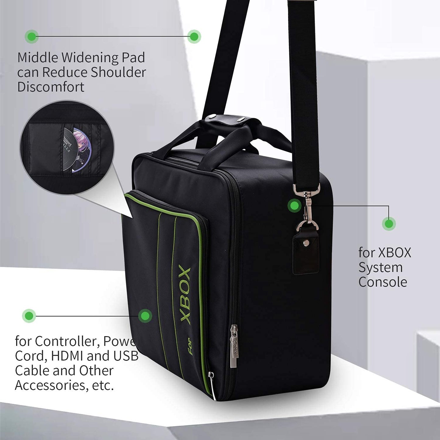 Geanta pentru Xbox Series X/S, cu skin controller, pentru consola si accesorii, cu maner si curea de umar, impermeabila, design ergonomic, neagra