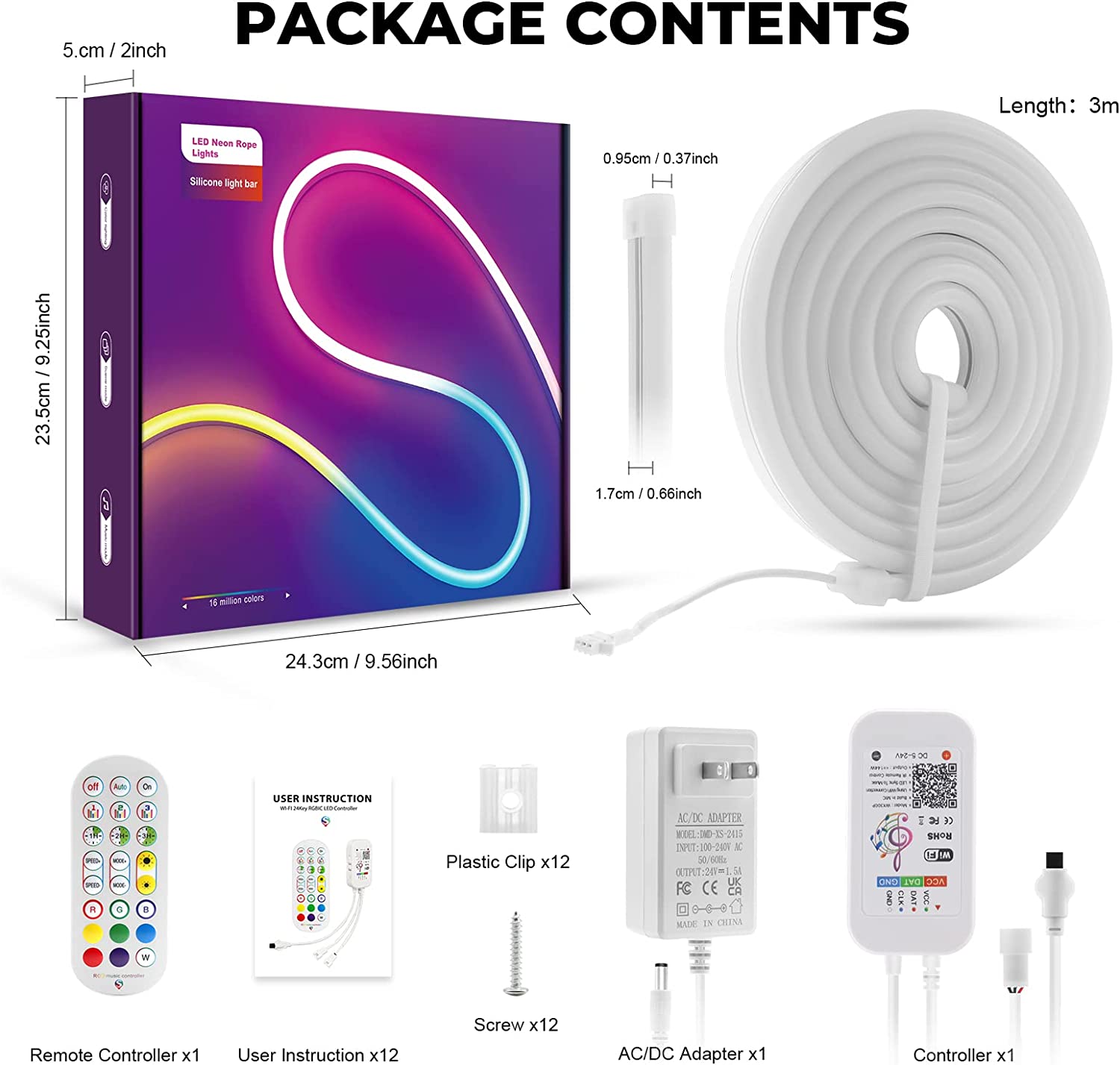 Banda LED neon RGBIC de 3m, cu sincronizare muzicala, telecomanda si aplicatie, 16 milioane culori personalizabile, dimabila, compatibil Alexa si Google Assistant