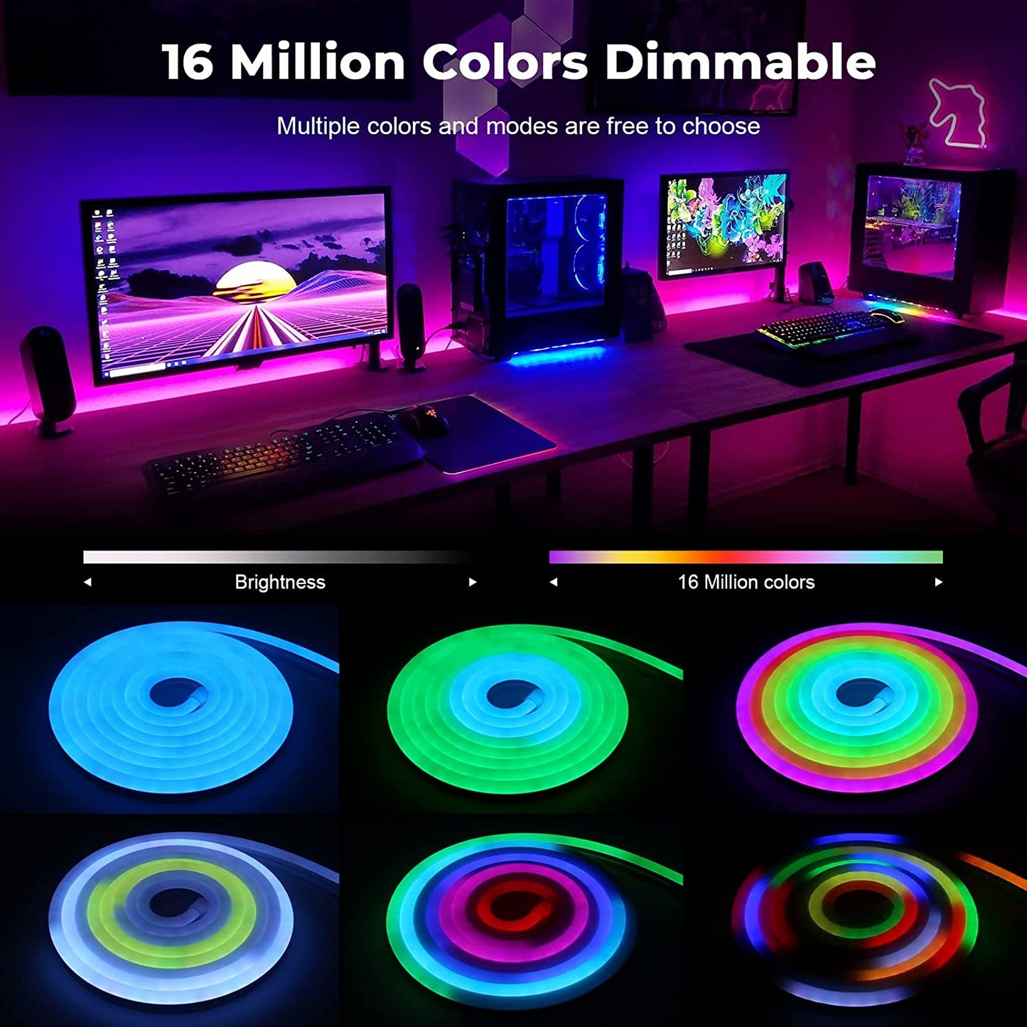 Banda LED neon RGBIC de 3m, cu sincronizare muzicala, telecomanda si aplicatie, 16 milioane culori personalizabile, dimabila, compatibil Alexa si Google Assistant